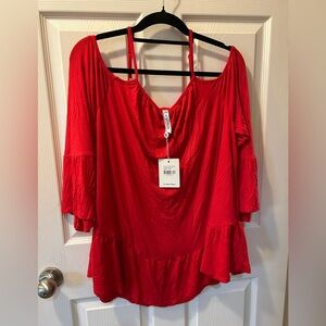 White Mark 1X Red Off-Shoulder Cold Shoulder Women's Top 3/4 Bell Sleeves NWT